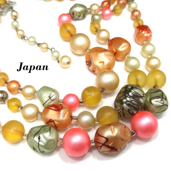 Vintage Japan Art Bead Necklace, Three Strands, 1950s, 17" - Picture 1 of 10